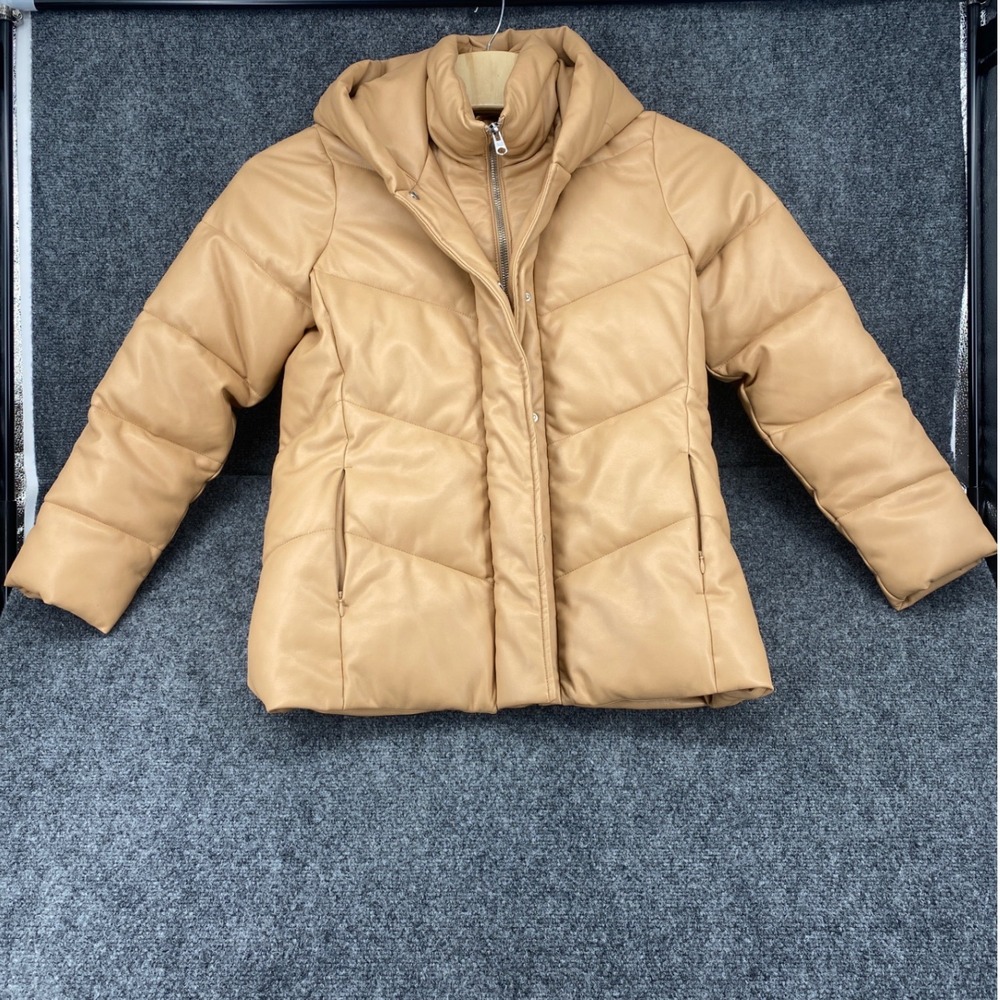 Abercrombie & Fitch Ultra Vegan Leather Puffer Jacket Hooded Tan Womens Large L